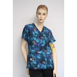 Carhartt  Cross Flex Blue Butterfly Two Pocket V Neck Scrub Top Womens Large