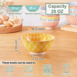 AntoKueh 25 OZ Colorful Large Ceramic Bowl Set of 6 6 inch Deep Porcelain Cereal Bowls for Salad, Soup, Snack and Rice，Dishwasher/Microwave safe