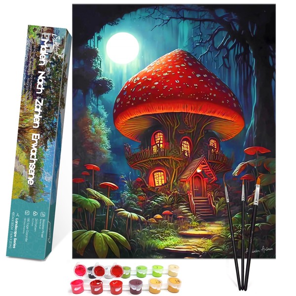 Bougimal Painting by Numbers, DIY Hand Painted Oil Painting, 3 Brushes and Pre-Printed Canvas Oil Painting, Festival Gift, Home Decoration, 40 x 50 cm, Fantasy Mushroom House (without Frame)