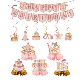 12Pcs Sweet 16 Party Decorations for Girls Pink Rose Gold Happy 16th Birthday Decorations with Banner Honeycomb Centerpiece Hanging Swirls 16 Years Old Birthday Party Supplies (Rose Gold)