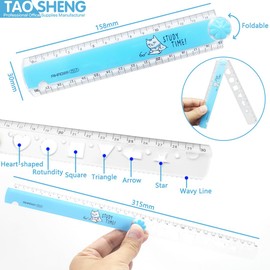 TAOSHENG 30-CM Foldable Plastic Ruler, Cute Folding Geometric Stationary Straight Study Ruler for Students Kids Children Teens School Office Home Use, Blue 1 Pack