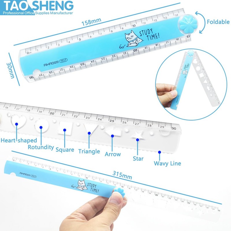 TAOSHENG 30-CM Foldable Plastic Ruler, Cute Folding Geometric Stationary Straight