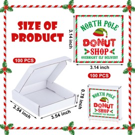 Tioncy 100 Pcs Christmas Mini Donut Boxes 3.54 x 3.54 x 0.78'' Pizza Boxes Christmas Money Box Christmas Flat Cardboard Box with Christmas Sticker for Celebrations Xmas Birthday Valentines Day Wedding