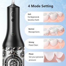 SARMOCARE Water Dental Flosser, Cordlss Oral Irrigator 300ML 4 Modes 4 Tips Pattern Water Tank Rechargeable Water Flossers for Home Travel(Black)