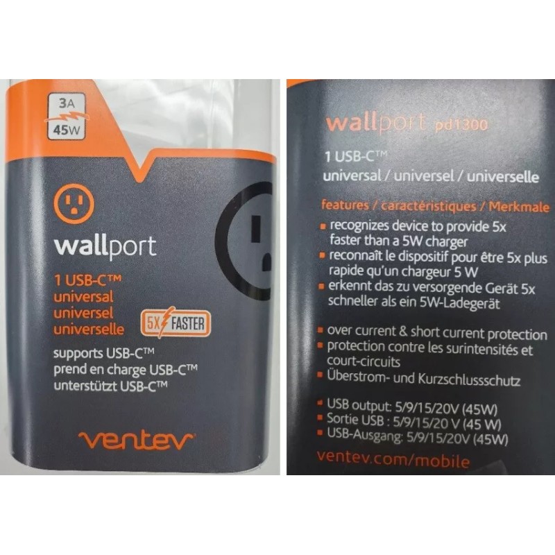 Ventev 45W/3Amp Wallport PD1300 USB-C Travel Charging Adapter (EU Version/2-Pin)