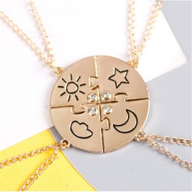 3pcs Friendship Moon Sun Star Puzzle Matching Necklace Set Gold Silver Plated Cute Crescent Round Circle Geometric Best Friend BFF Pendant Necklace for 3 Women Sisters Daughter Birthday Jewelry Gifts (4pcs gold necklace)