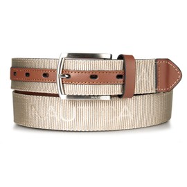 Nautica Men's Leather Tab Signature Webbing Logo Belt with Brushed Nickel Harness Buckle - Khaki - Large