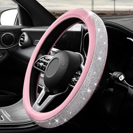 ZNDAW Diamond Leather Steering Wheel Cover, 15 Inch Bling Crystal Rhinestone Anti-Slip Wheel Protector, Universal Sparkling Elegant Diamond Steering Wheels Cover for Women Girl (White&Pink)