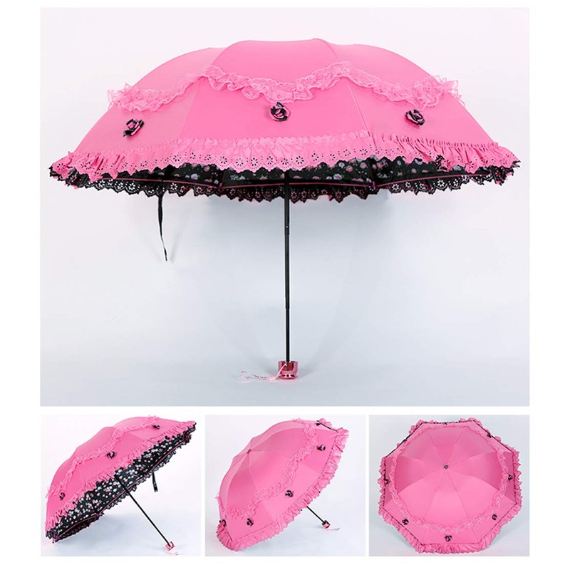 Honeystore Princess Lace Ultraviolet-Proof Folding Umbrella Anti-uv Dome Parasol Fuchsia