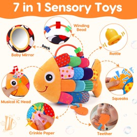Baby Sensory Tummy Time Toys 0-6 Months Music Fish Toy for Infant 3 4 5 6 Month High Contrast Newborn Toy with Mirror Crinkle Rattle for 3-6 6-12 Month Baby Boy Girl Shower Gift Easter Basket Stuffers