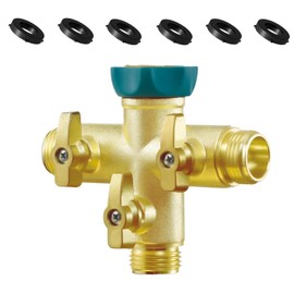 3-Way Garden Hose Splitter, Brass with Turquoise Grips, 3/4 Inch Connectors with 6 Rubber Hose Washers, 360-Degree Swivel, Heavy Duty 1.2MPa for Faucet Timer and Multiple Hoses, 4.6x1.7x0.9 Inch