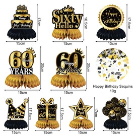 Aurasky 60th Birthday Table Decoration Black Gold, 9 Pieces Honeycomb Decoration Table Toppers Set with 10 g Happy Birthday Confetti Table Decoration for Decoration 60th Birthday 60th Year Old