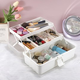 OGA 3 Tier Storage Box with Lid, Women's Cosmetic Case, Beige Make-Up Organiser, Suitcase, Multi-Purpose Plastic Sorting Box for Small Parts, Stationery, Jewellery, Beads, Tool 33 x 20 x 14.5 cm