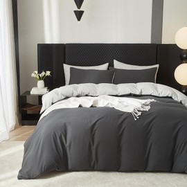 RSNIRCH Cotton Single Duvet Cover Dark Grey Silver Grey Soft Reversible Bedding Set Single Bed Quilt Cover with Pillow Case