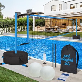 Inground/Above Ground Pool Volleyball Net Set with Ultra Stable 76LB Sandbag Base, 15-27ft Adjustable Net, 2 Standard Balls, Pump & Carry Bag - Easy Setup with 3 Height Settings
