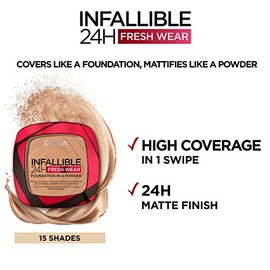 L'Oréal Paris Infallible 24H Fresh Wear Foundation in a Powder, Full-coverage, Longwear, Weightless Smooth Finish, Water-proof and Transfer-proof, 365 Deep Amber