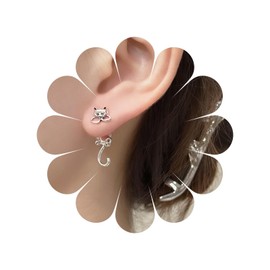 Allereya Vintage Cat Ear Jacket Earrings Silver Cat Jacket Earrings Funny Cat Stud Earrings Cute Animal Earrings Jewelry for Women and Girls