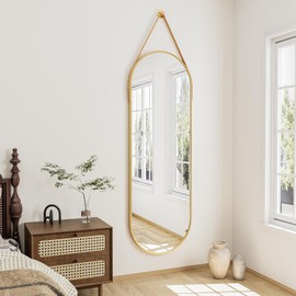 TinyTimes 16"x48" Hanging Mirror with Leather Strap,Oval Full Length Mirror with Aluminum Frame Wall-Mounted Hanging Mirrors for Bathroom Vanity Living Room Bedroom Entryway Décor, Gold