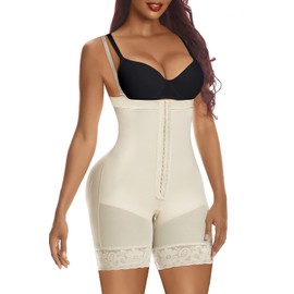 YIANNA Shapewear Women's Tummy Control Body Strong Shaping Bodice Body with Leg Shaper Body Shaper Fajas Colombianas, beige front hook