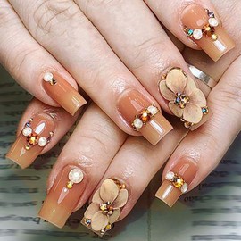 Press on Nails Medium Square Artificial Fake Nails with Flower Rhinestones Design Fall Winter French False Nails Full Cover Reusable Coffin Fake Nails Press Acrylic Nails Set Glue on Nails for Women