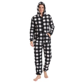 Focupaja Adult Plaid Onesie Pyjamas with Hood Pyjamas Christmas Fleece Jumpsuit for Men and Women, black white