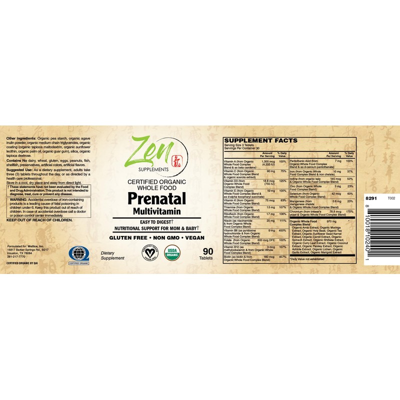 Zen Supplements Whole Food Prenatal Multi-Vitamin - 90 Vegan Capsules