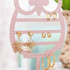 NIKKY HOME Earring Holder Hanging Organizer Stand Metal Jewelry Tree Table Top Owl Ear Stud Holder Tower Rack with Ring Tray for Girls (134 Holes), Pink