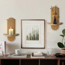 LESES Bohemian Wood Candle Sconces Set of 2 - Wall Mounted Candle Holders Art Decor, Rustic Farmhouse Floating Wall Sconces Shelf for Living Room, Dining Room, Hallway