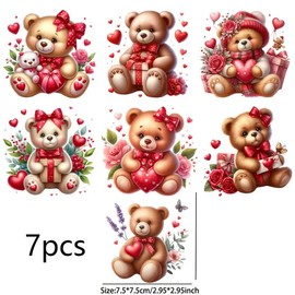 7pcs Loveable Bear Heart Flower UV DTF Cup Wraps Transfer Waterproof Sticker for Glass Cups Furniture Craft DIY Crafts，Rub on Transfer Stickers for DIY Water Bottle Laptop Decal Wood Car