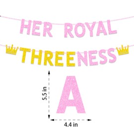 Princess 3rd Birthday Party Decorations for Girls, Pink Gold Glitter Her Royal Threeness Banner, Princess Themed 3 Years Old Birthday Party Decorations Supplies