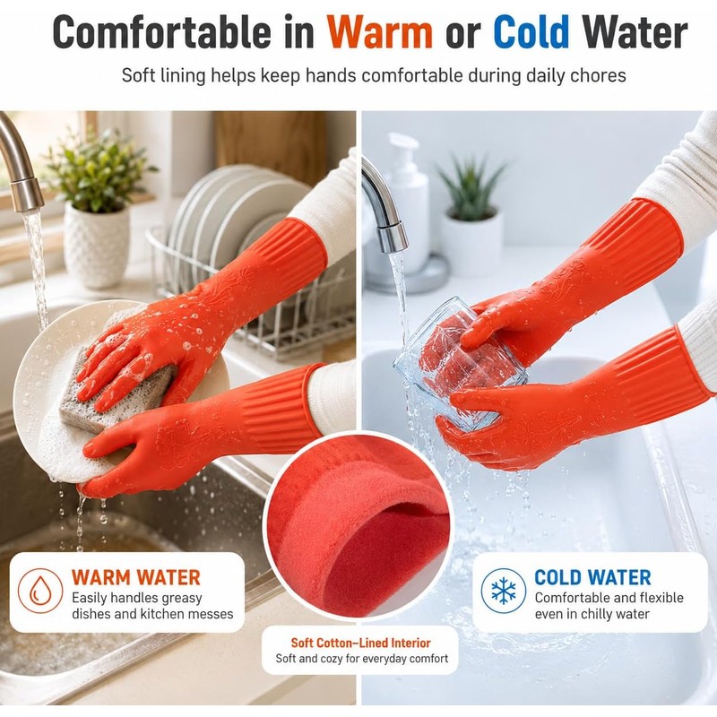 ThxToms Rubber Dishwashing Cleaning Gloves (2-Pair) - Fleece Lined, Reusable,