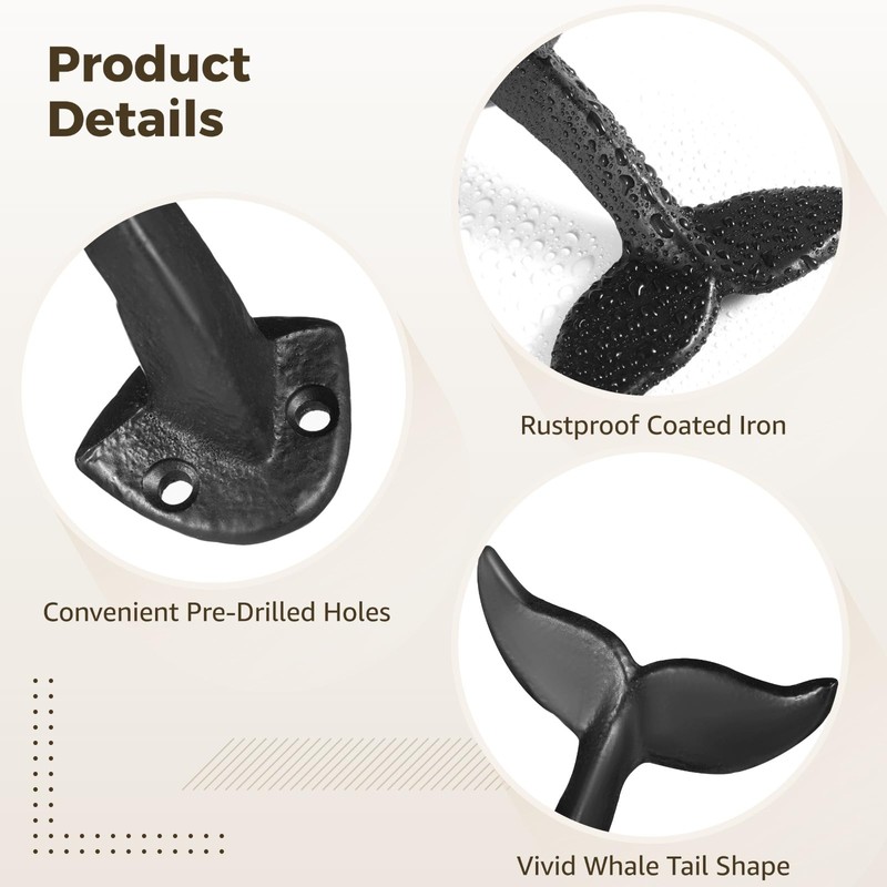 OMISTAR 4 PCS Whale Tail Wall Hooks, Rustic Metal Wall
