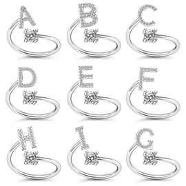 Yifnny Alphabet Ring, Initial Ring 26 Alphabet Inlaid Cubic Zirconia Capital Letter A-Z Open Adjustable Mid Finger Ring Silver Initial Letter Rings for Women (H)