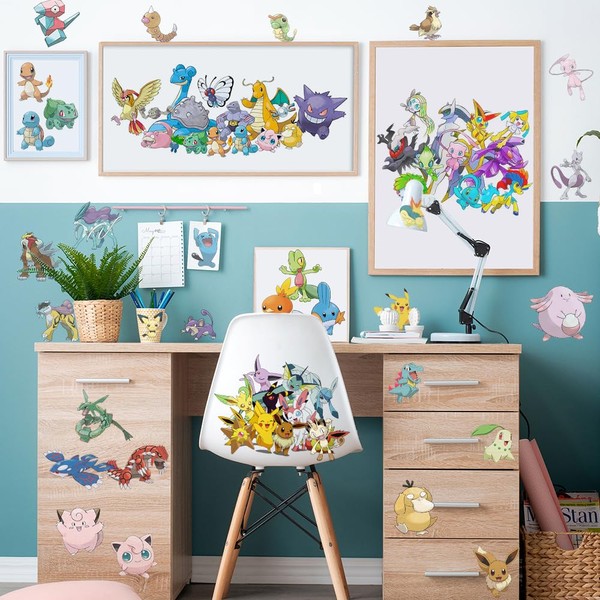 Anime Wall Decals, 36 Pcs Large Waterproof Cartoon Wall Sticker Peel and Stick Removable Anime Wall Mural Decor for Kids Bedroom Baby Nursery Living Room Decoration