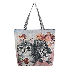 Women Canvas Cat Tote Bag Cat Print Bag Cat Graphic Shoulder Bag Hobo Crossbody Handbag Casual, A07, Large