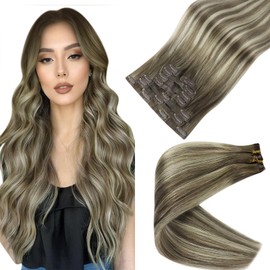 Full Shine Human Hair Clip in Extensions #7/800/7 Ash Brown To Blonde Mix Brown Clip in Hair Extensions Black Women Seamless Hair Extensions Clip in 14 Inch Straight Hair Extensions Clip ins 8Pcs 120G