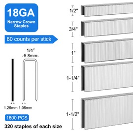 SimCos 18 Gauge 304 Stainless Steel 1/4" Narrow Crown Staples (1-1/2",1-1/4" 1", 3/4", 1/2"), Assorted 1600 Counts for 18 GA Pneumatic or Electric Stapler or Staple Gun,Project Pack