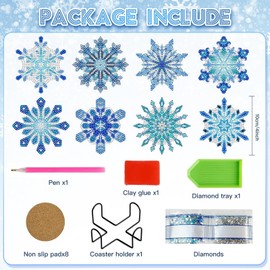 ZABARE 8 PCS Snowflake Diamond Art Coasters Kit, Christmas Diamond Painting Coasters Kits with Holder Snowflakes DIY Coasters for Beginners 5D Diamond Art Kits for Adults Gift