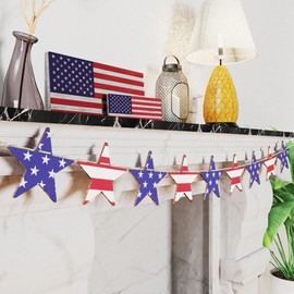 AquaChase Patriotic Wooden Banner Decor, Retro Stars and Strips Printed on Both Sides, Rustic 4th of July Decorations - Red Blue White Wood Garland for Fireplace Mantel Walls Porch Fence