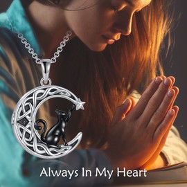 SHEAISRS Celtic Moon Black Cat Urn Necklace for Ashes Moon Cat Cremation Jewelry for Women Sterling Silver Cat Jewelry Moonstone Necklace for Cat Lovers