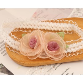 Bethynas Lace Flower Headband for Baby Girls Gauze Floral Elastic Infant Hairband Birthday Party Princess Hair Accessories for Newborn Toddlers (Light pink)