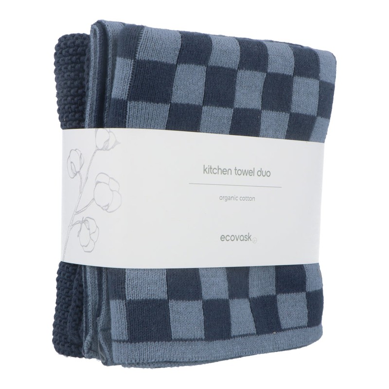 Ecovask Kitchen Towel Duo Organic Cotton, Check Navy Denim
