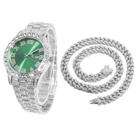 Halukakah Diamonds Gold Watch Iced Out,Men's Platinum White Gold Plated 42MM Width Green Dial Quartz Wristband 9.5" with Cuban Link Chain 18" Necklace Set,Free Giftbox