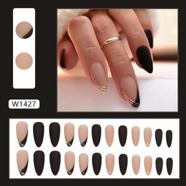 French Tip Press on Nails Medium Almond Fake Nails Black Oblique French False Nails Press Ons With Glitter Gold Thread Designs Full Cover Glue on Nails Acrylic Nail Kit for Women Manicure 24 Pcs