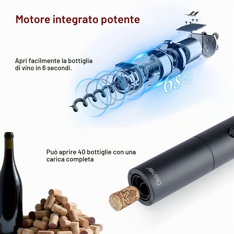 AIKARO - Cavatappi Elettrico Apribottiglie Elettronica Automatico per Vino, Ricaricabile