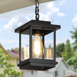 LALUZ Black Outdoor Pendant Lights for Porch, Modern Farmhouse Outdoor Pendant Light Fixture with Clear Glass, Square Exterior Hanging Lantern Light Fixtures