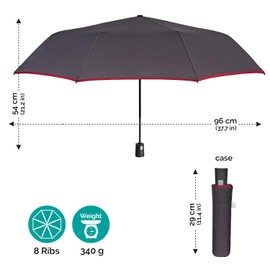 PERLETTI Black Men's Automatic Umbrella with Pattern - Windproof Pocket Umbrella Tartan with Handle - Men's Umbrella Lightweight Storm Resistant Windproof - Diameter 96 cm, Grey with red trim