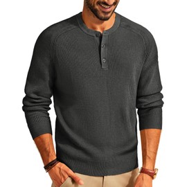 Mens Sweaters Henley Collar Waffle Knitted Pullover Sweater Off to College Dark Grey