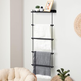 Briwooody 5 Layer Farmhouse Wooden Blanket Ladder 2 in 1 Towel Racks Decorative Rustic Wall Wood Shelf Blanket Holder Quilt Towel Holder Rack for Bathroom Living Room Bedroom(Black)