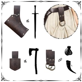 HiiFeuer 5 Pieces Medieval Belt Costume Accessories Renaissance Skirt Hike Viking Horn Belt Holster Dagger Holster Sword Frog Set (Brown A)